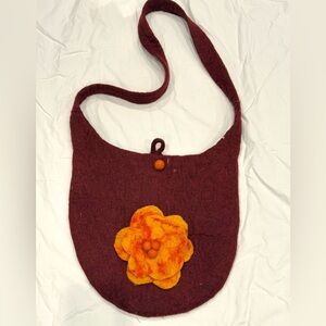 Vibrant Felt Orange and Red Crossbody Bag with Floral Design